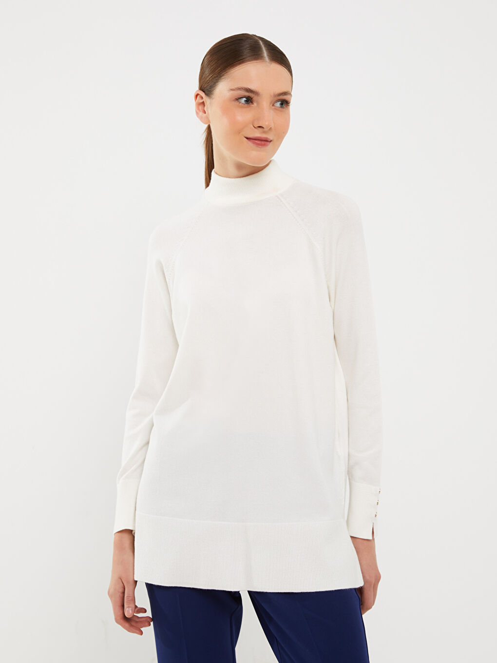 Ekru Yarım Balıkçı Yaka Düz Uzun Kollu Kadın Triko Tunik-1