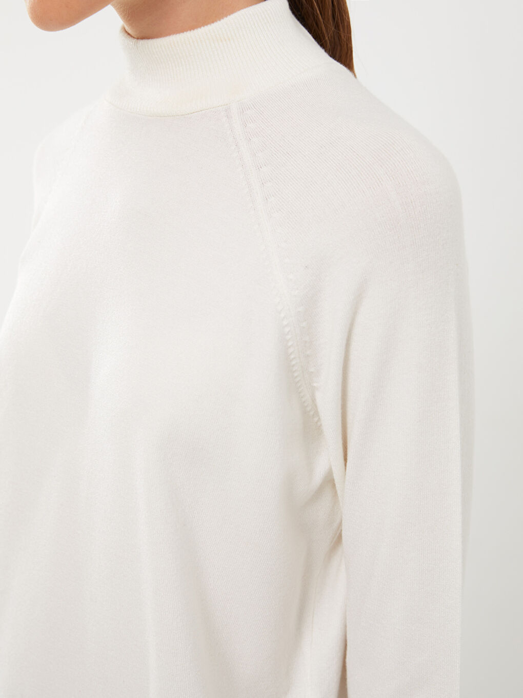 Ekru Yarım Balıkçı Yaka Düz Uzun Kollu Kadın Triko Tunik-3