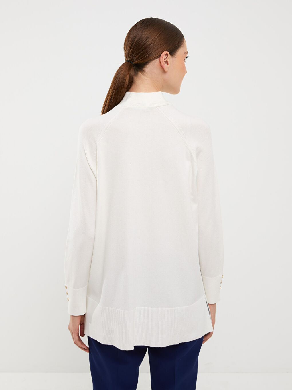 Ekru Yarım Balıkçı Yaka Düz Uzun Kollu Kadın Triko Tunik-4