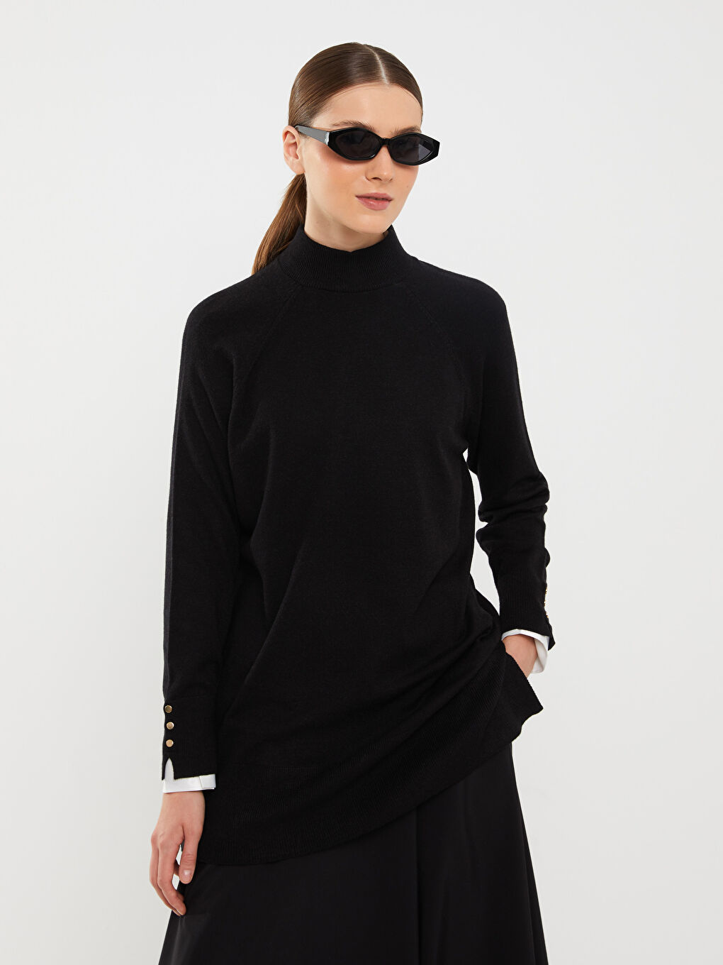 Siyah Yarım Balıkçı Yaka Düz Uzun Kollu Kadın Triko Tunik-1