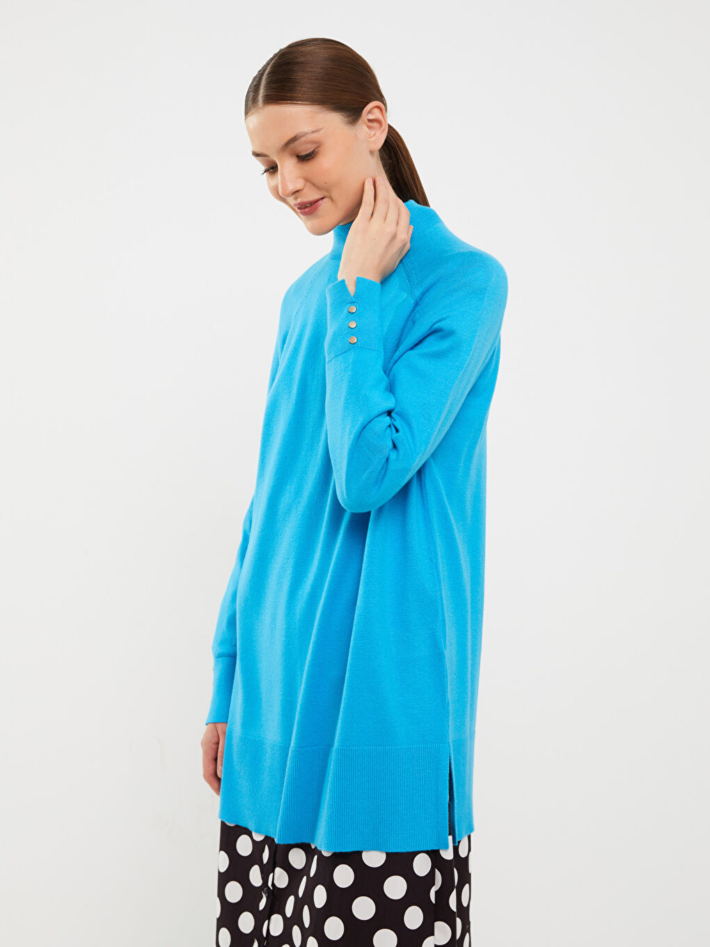 Mavi Yarım Balıkçı Yaka Düz Uzun Kollu Kadın Triko Tunik