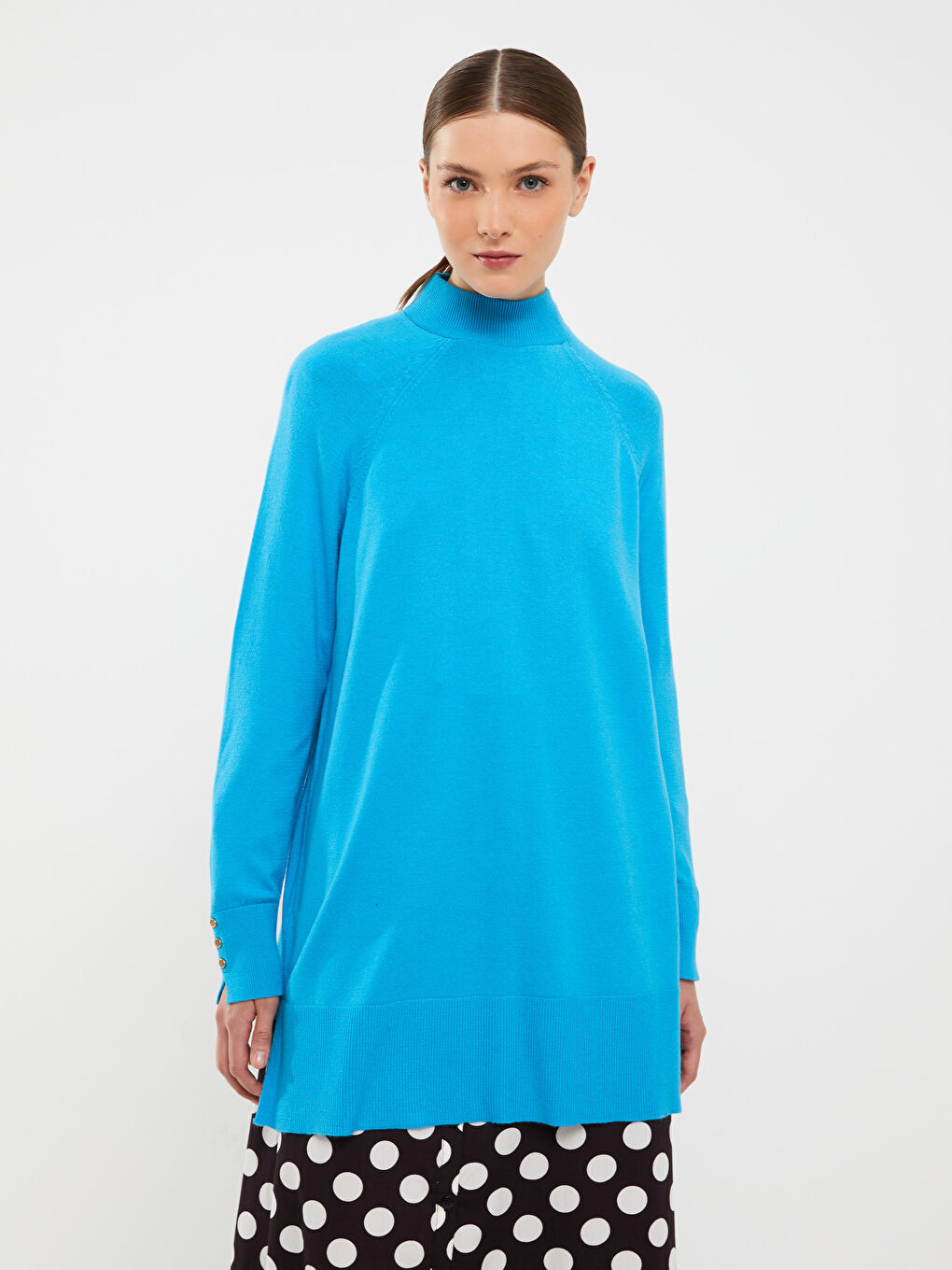 Mavi Yarım Balıkçı Yaka Düz Uzun Kollu Kadın Triko Tunik-1