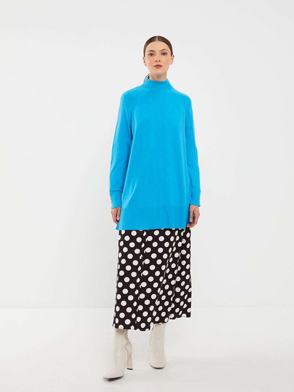 Mavi Yarım Balıkçı Yaka Düz Uzun Kollu Kadın Triko Tunik-2