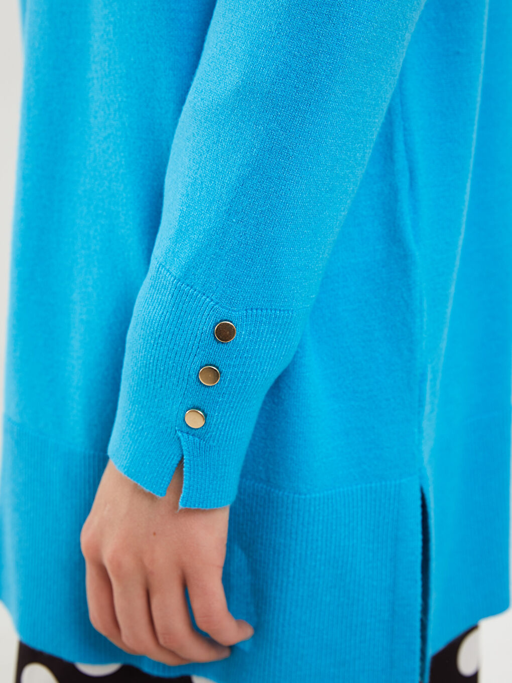 Mavi Yarım Balıkçı Yaka Düz Uzun Kollu Kadın Triko Tunik-3