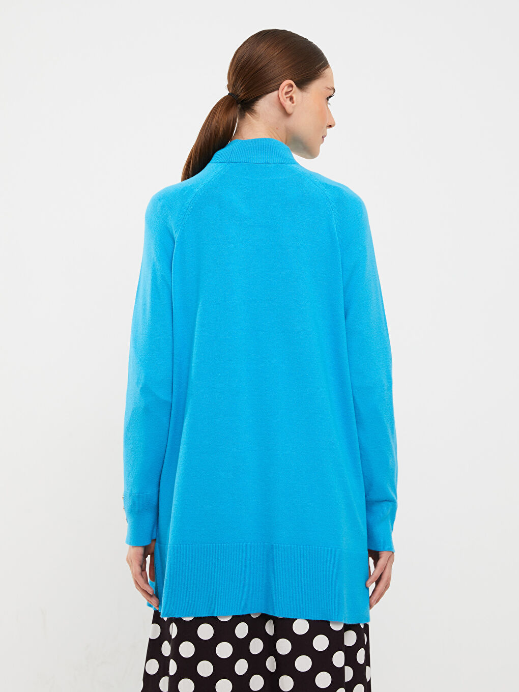 Mavi Yarım Balıkçı Yaka Düz Uzun Kollu Kadın Triko Tunik-4