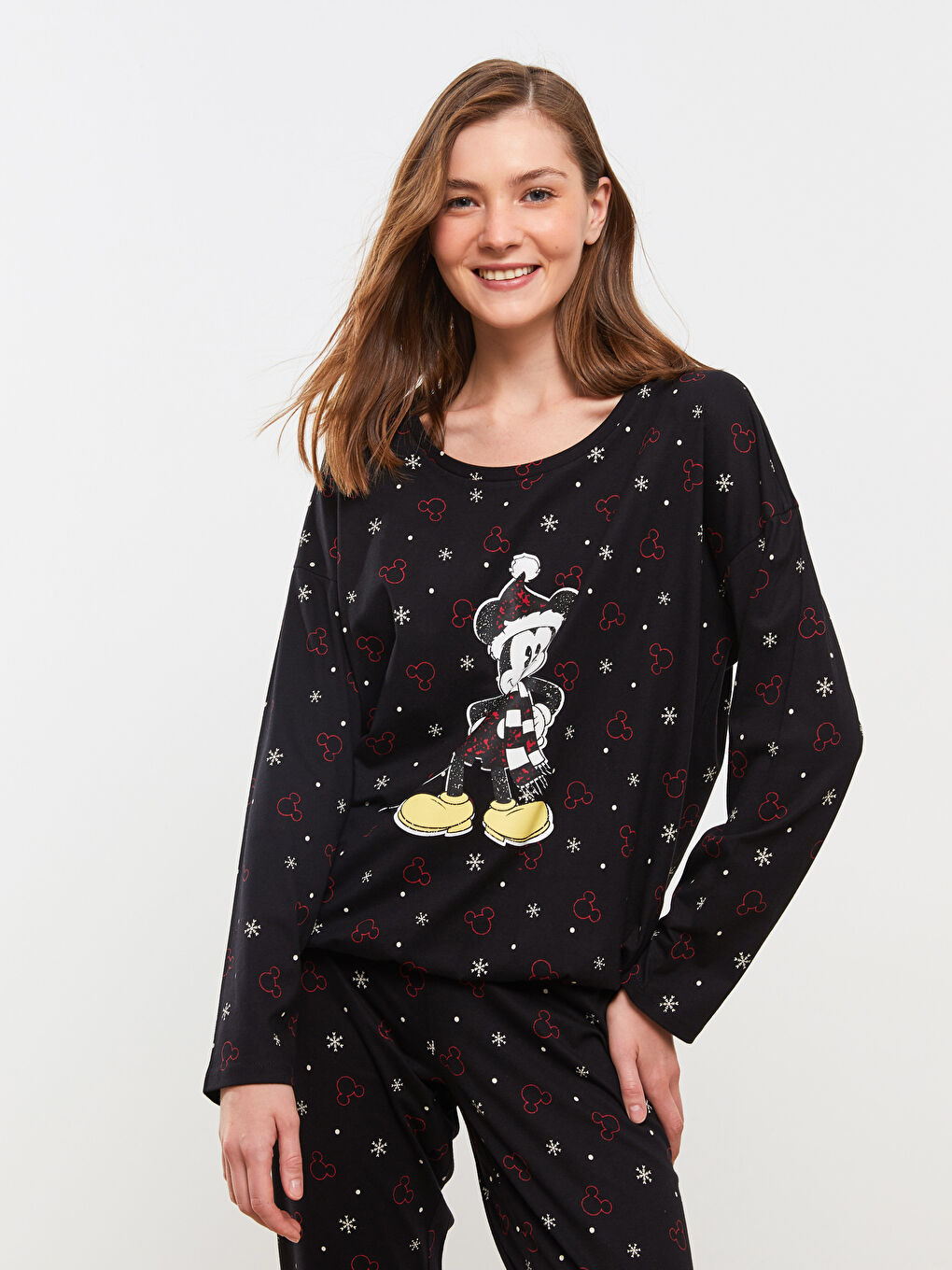 Siyah Bisiklet Yaka Mickey Mouse Baskılı Uzun Kollu Kadın Pijama Takımı-1