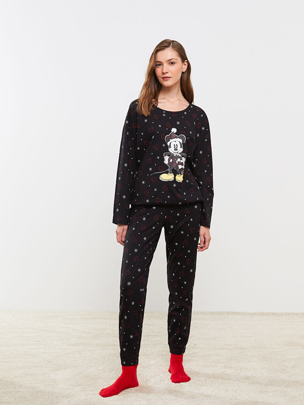 Siyah Bisiklet Yaka Mickey Mouse Baskılı Uzun Kollu Kadın Pijama Takımı-2