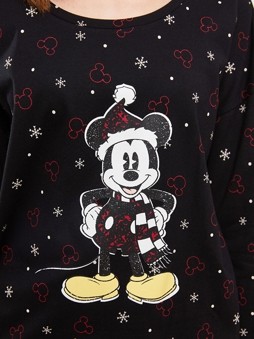 Siyah Bisiklet Yaka Mickey Mouse Baskılı Uzun Kollu Kadın Pijama Takımı-3