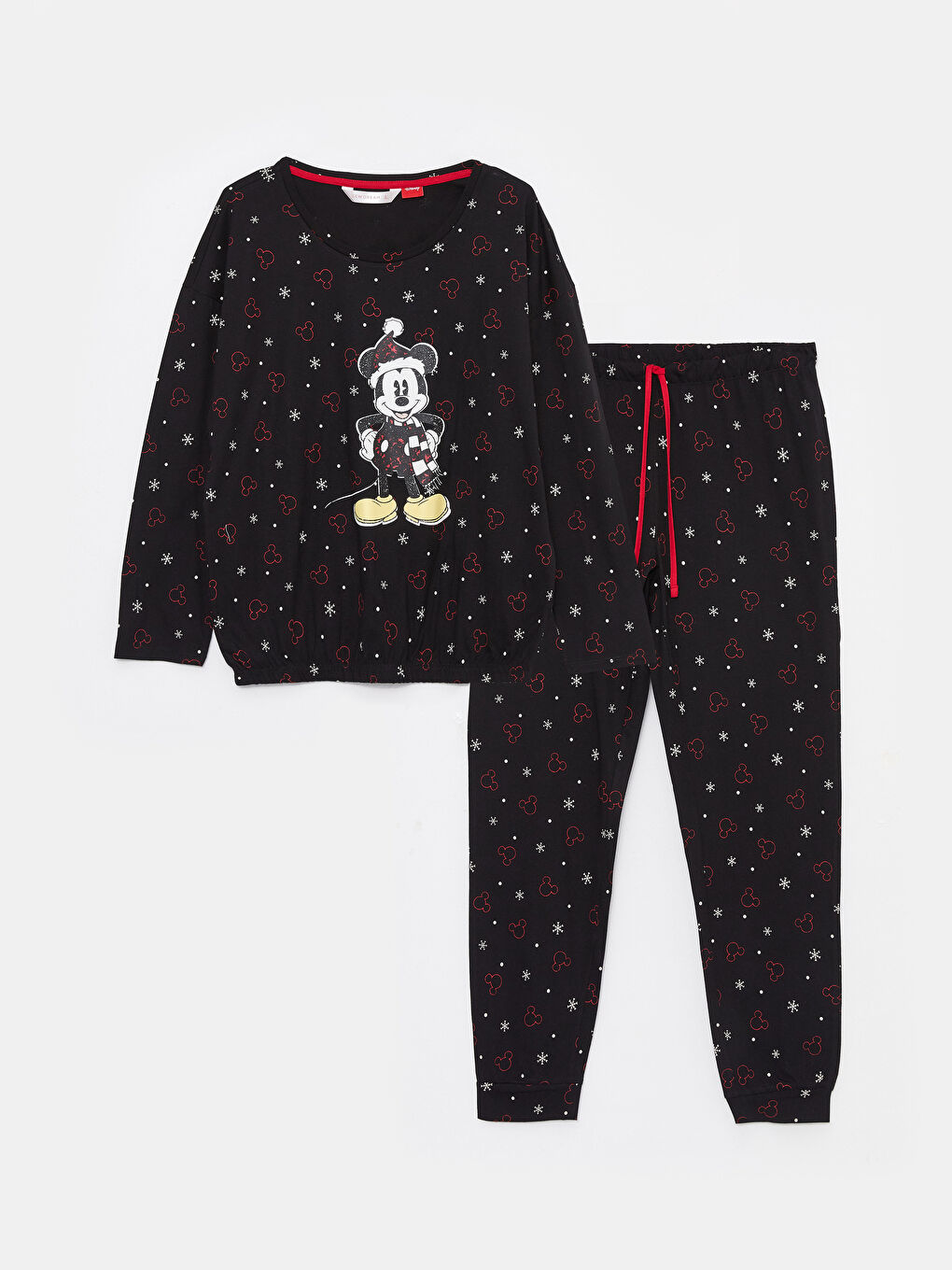 Siyah Bisiklet Yaka Mickey Mouse Baskılı Uzun Kollu Kadın Pijama Takımı-5