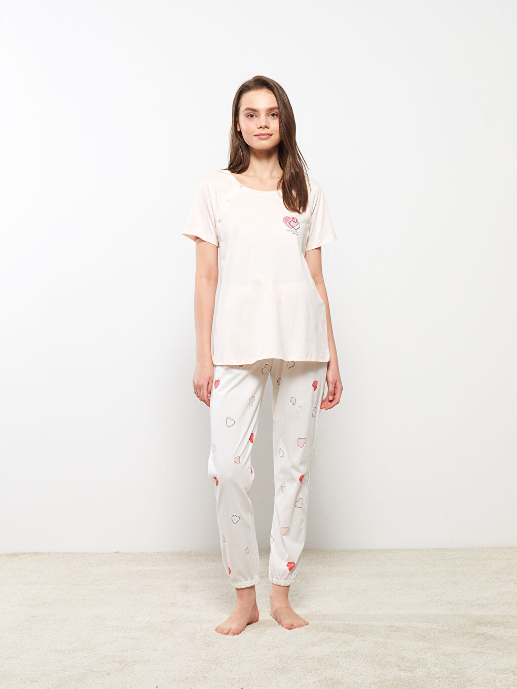 LCW DREAM Crew Neck Printed Short Sleeve Cotton Maternity Pajama Set -W2CP94Z8-LRA