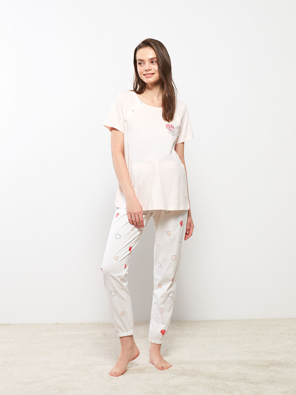 LCW DREAM Crew Neck Printed Short Sleeve Cotton Maternity Pajama Set -W2CP94Z8-LRA