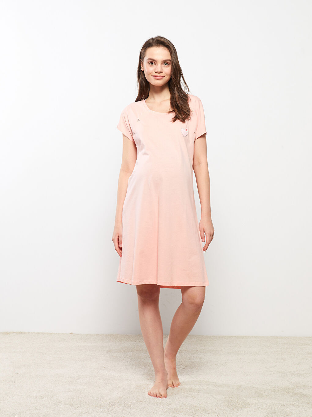 Pembe Bisiklet Yaka Baskılı Kısa Kollu Pamuklu Hamile Gecelik