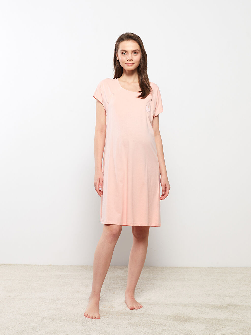 Pembe Bisiklet Yaka Baskılı Kısa Kollu Pamuklu Hamile Gecelik-1