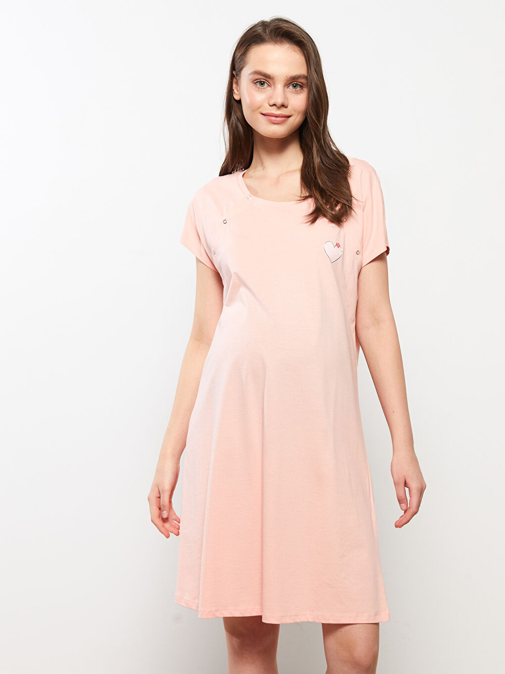 Pembe Bisiklet Yaka Baskılı Kısa Kollu Pamuklu Hamile Gecelik-2