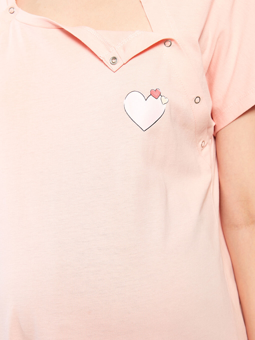 Pembe Bisiklet Yaka Baskılı Kısa Kollu Pamuklu Hamile Gecelik-3