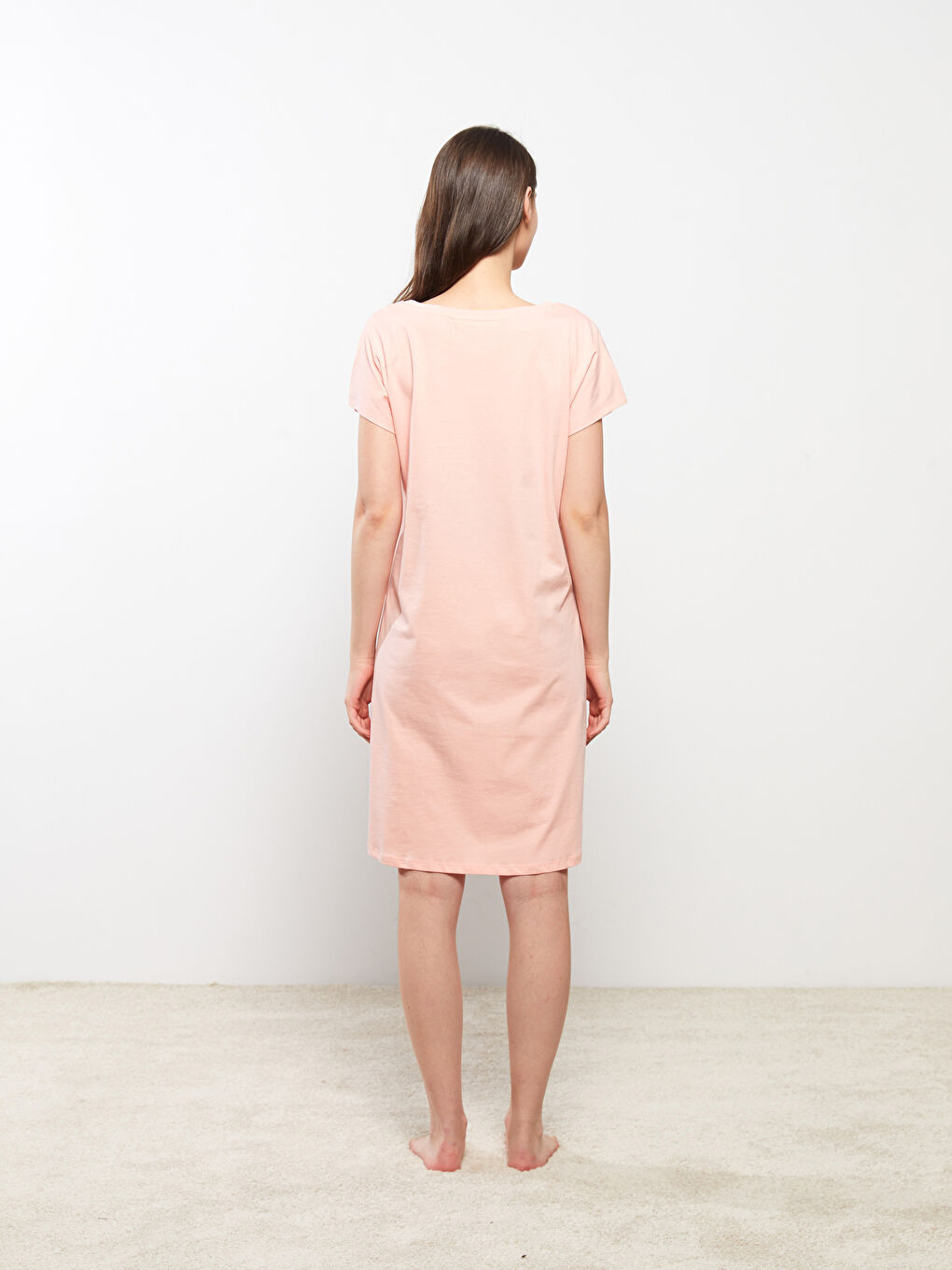 Pembe Bisiklet Yaka Baskılı Kısa Kollu Pamuklu Hamile Gecelik-4