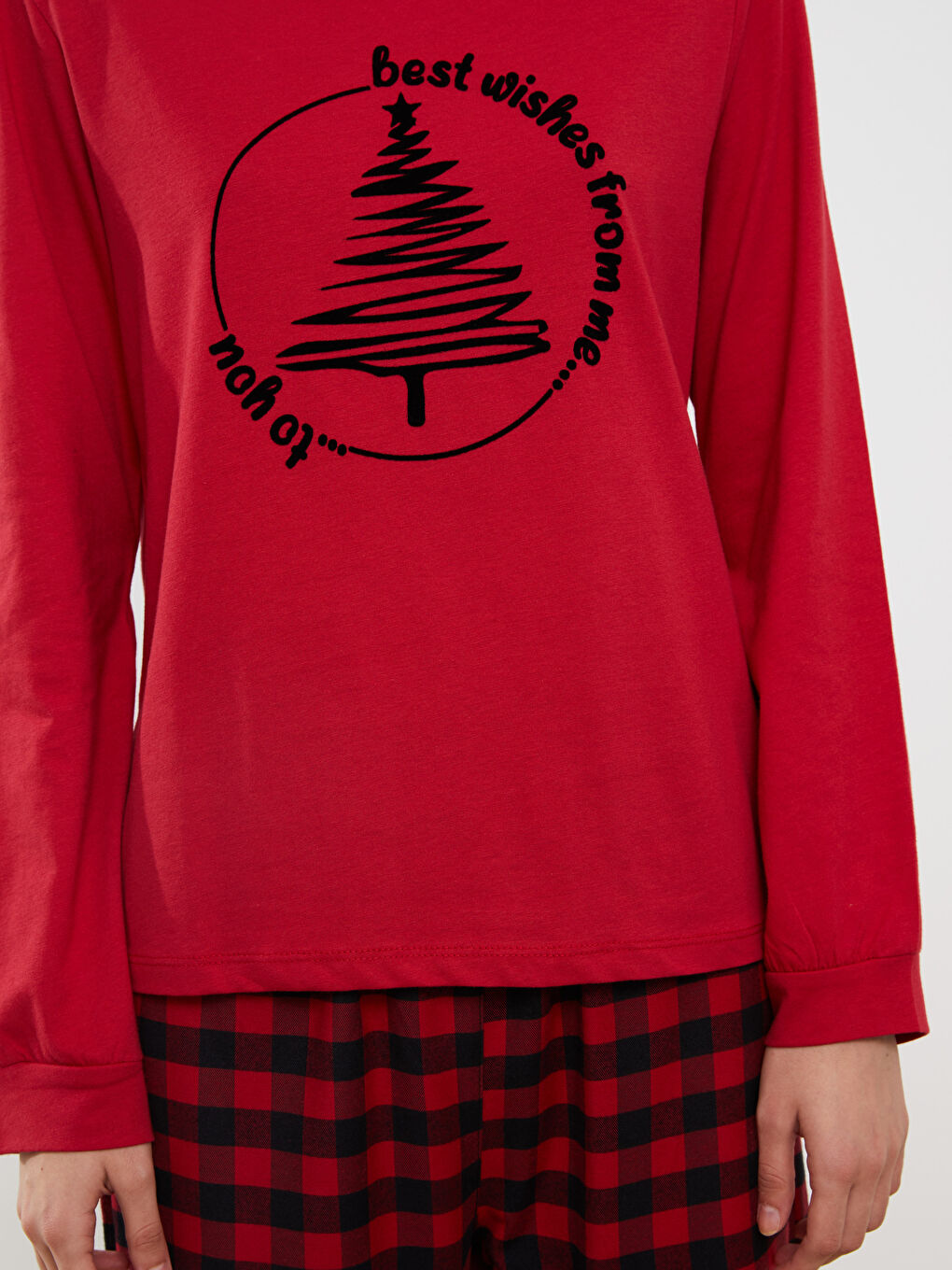 Kırmızı Bisiklet Yaka Yılbaşı Temalı Kadın Pijama Takımı-3