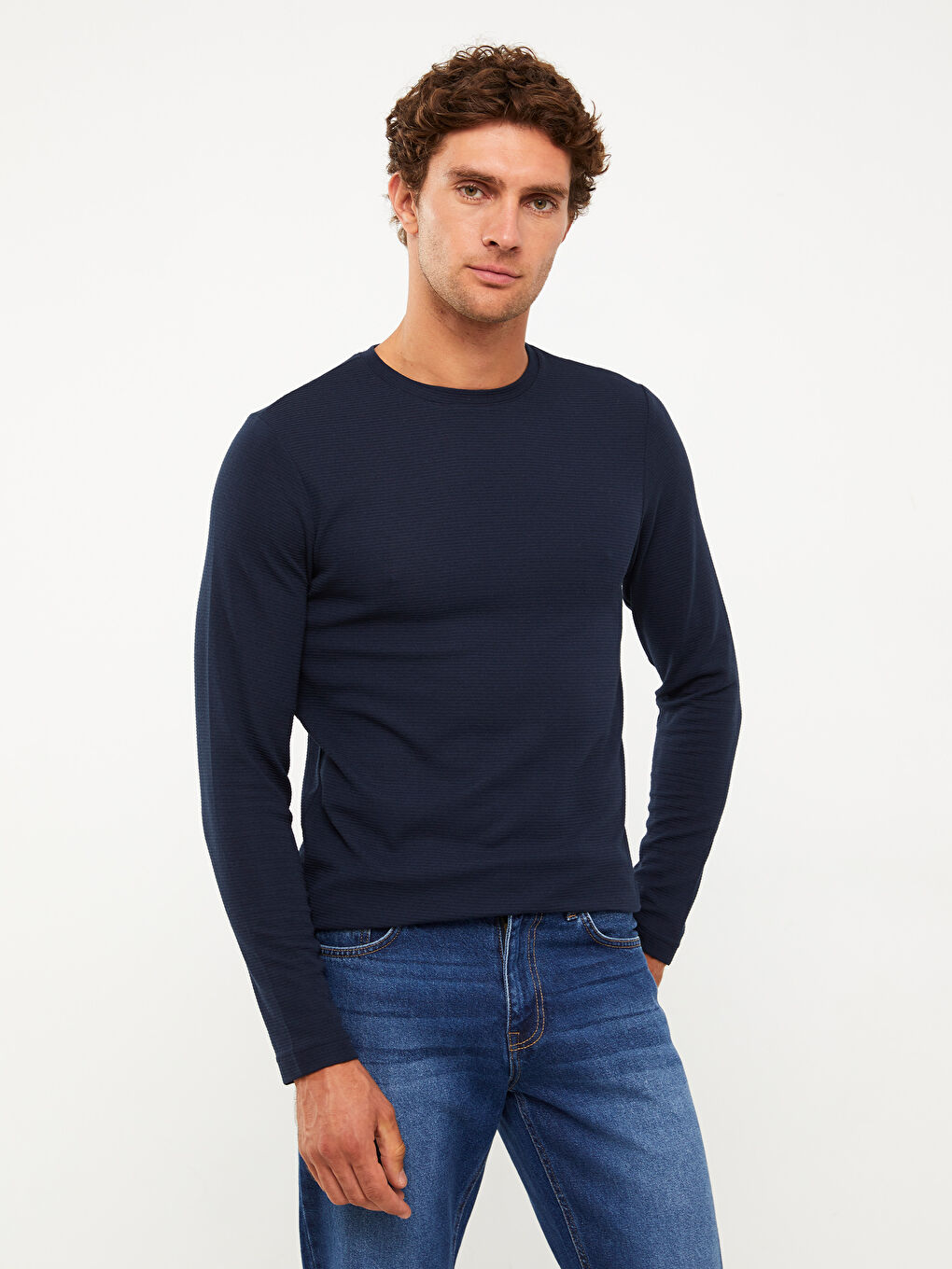 Lacivert Bisiklet Yaka Uzun Kollu Basic Erkek Tişört-1