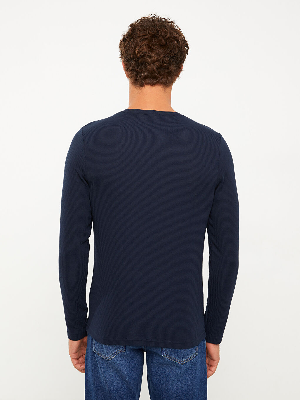 Lacivert Bisiklet Yaka Uzun Kollu Basic Erkek Tişört-4