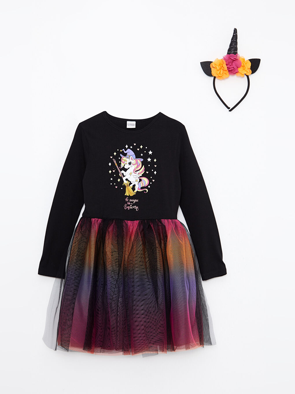 Siyah Bisiklet Yaka Baskılı Uzun Kollu Kız Çocuk Elbise ve Taç