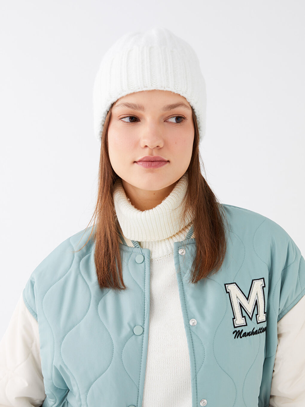 Beyaz Kadın Düz Triko Bere-1