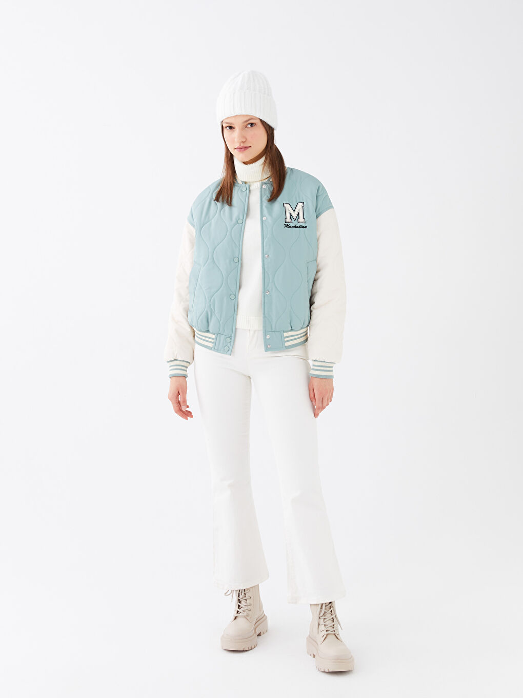 Beyaz Kadın Düz Triko Bere-2