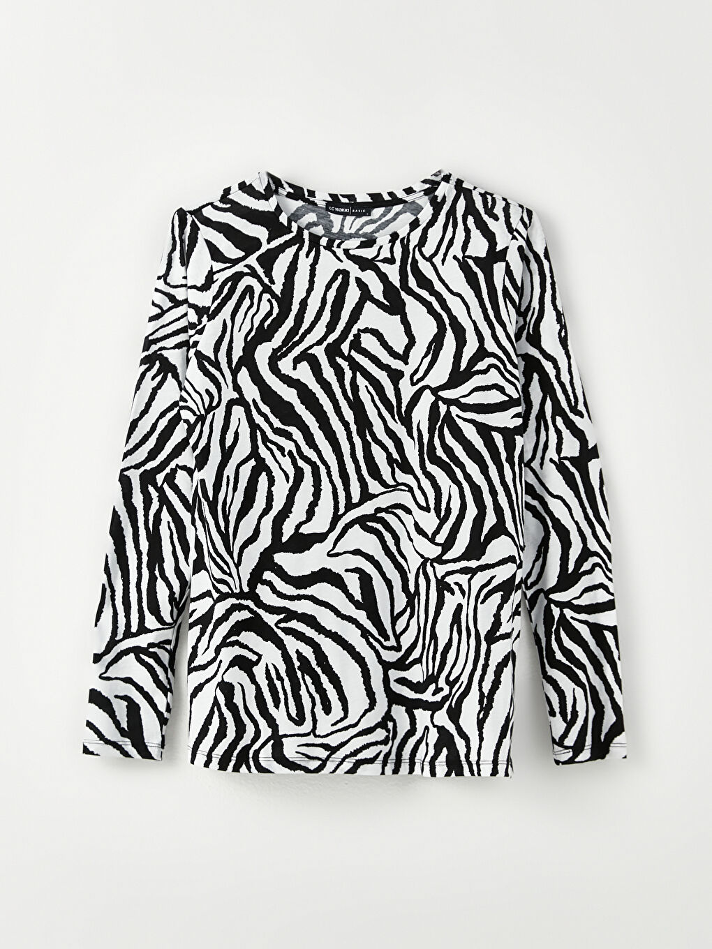 Siyah Bisiklet Yaka Desenli Uzun Kollu Pamuklu Kadın Tişört-5