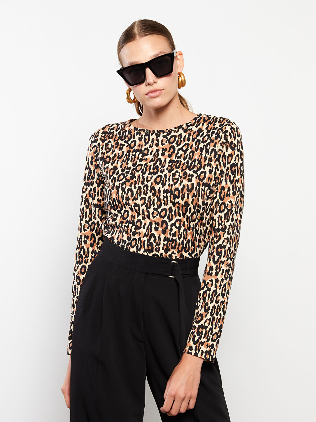 Crew Neck Patterned Long Sleeve Cotton Women's T-Shirt