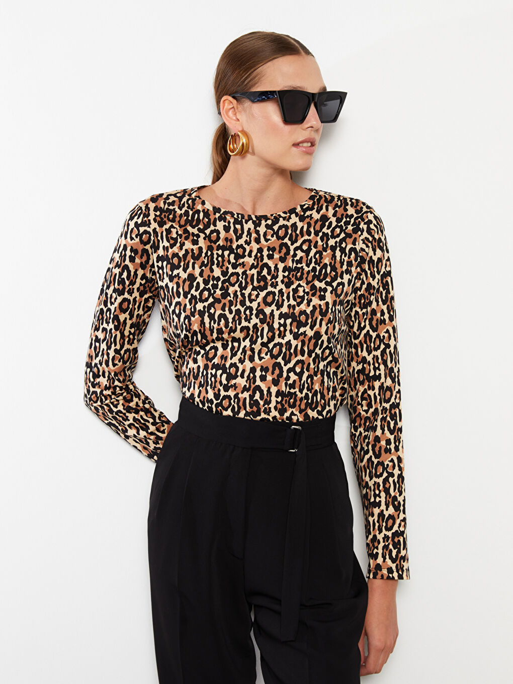 Crew Neck Patterned Long Sleeve Cotton Women's T-Shirt-1