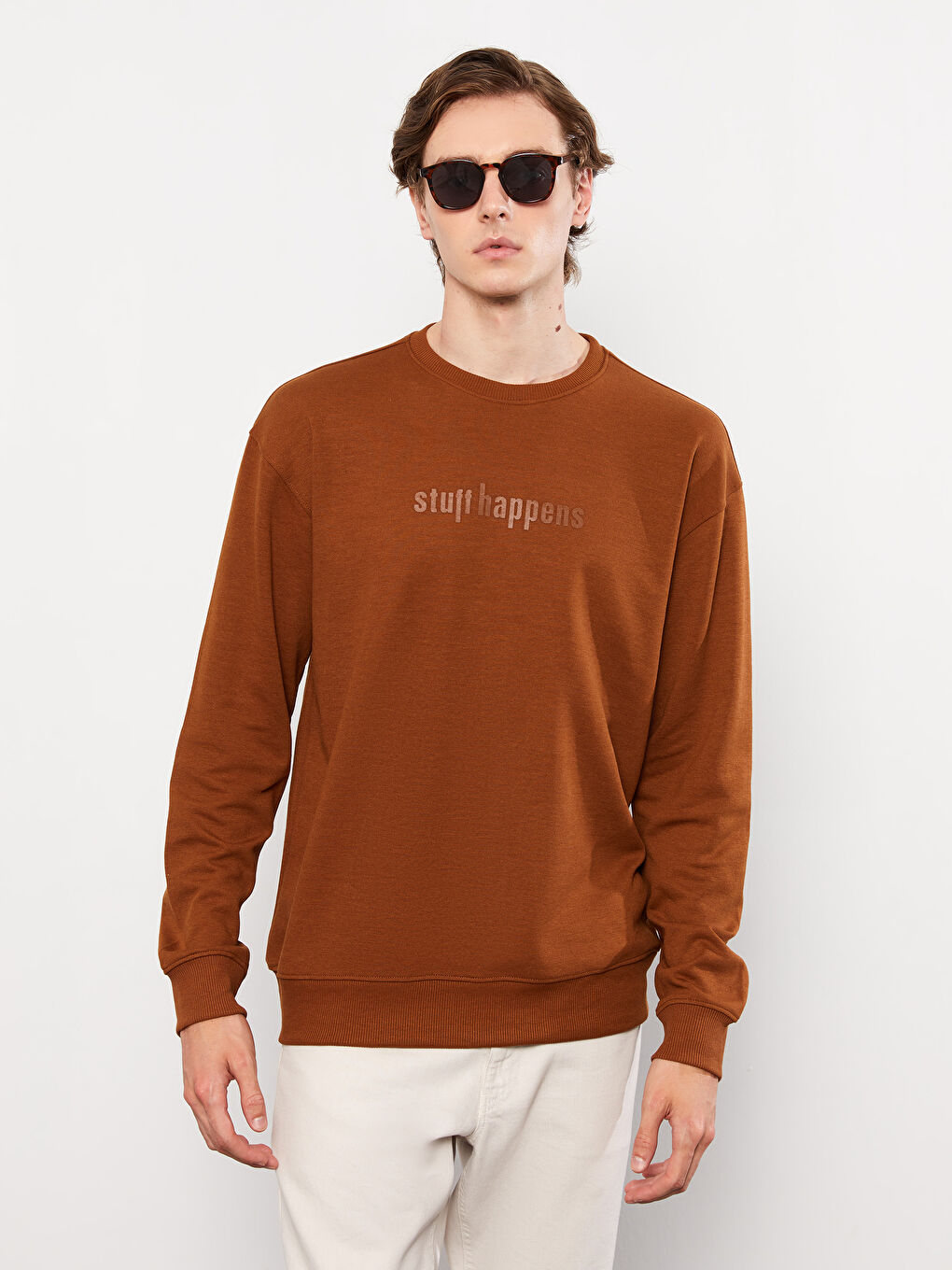 Kahverengi Bisiklet Yaka Uzun Kollu Baskılı Erkek Sweatshirt-1