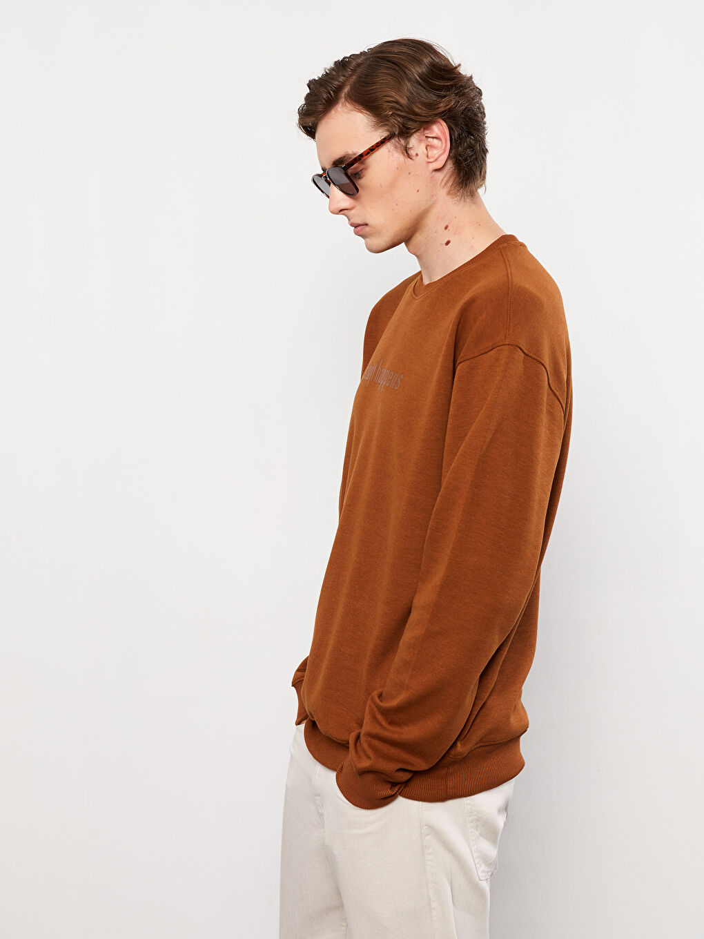 Kahverengi Bisiklet Yaka Uzun Kollu Baskılı Erkek Sweatshirt-2