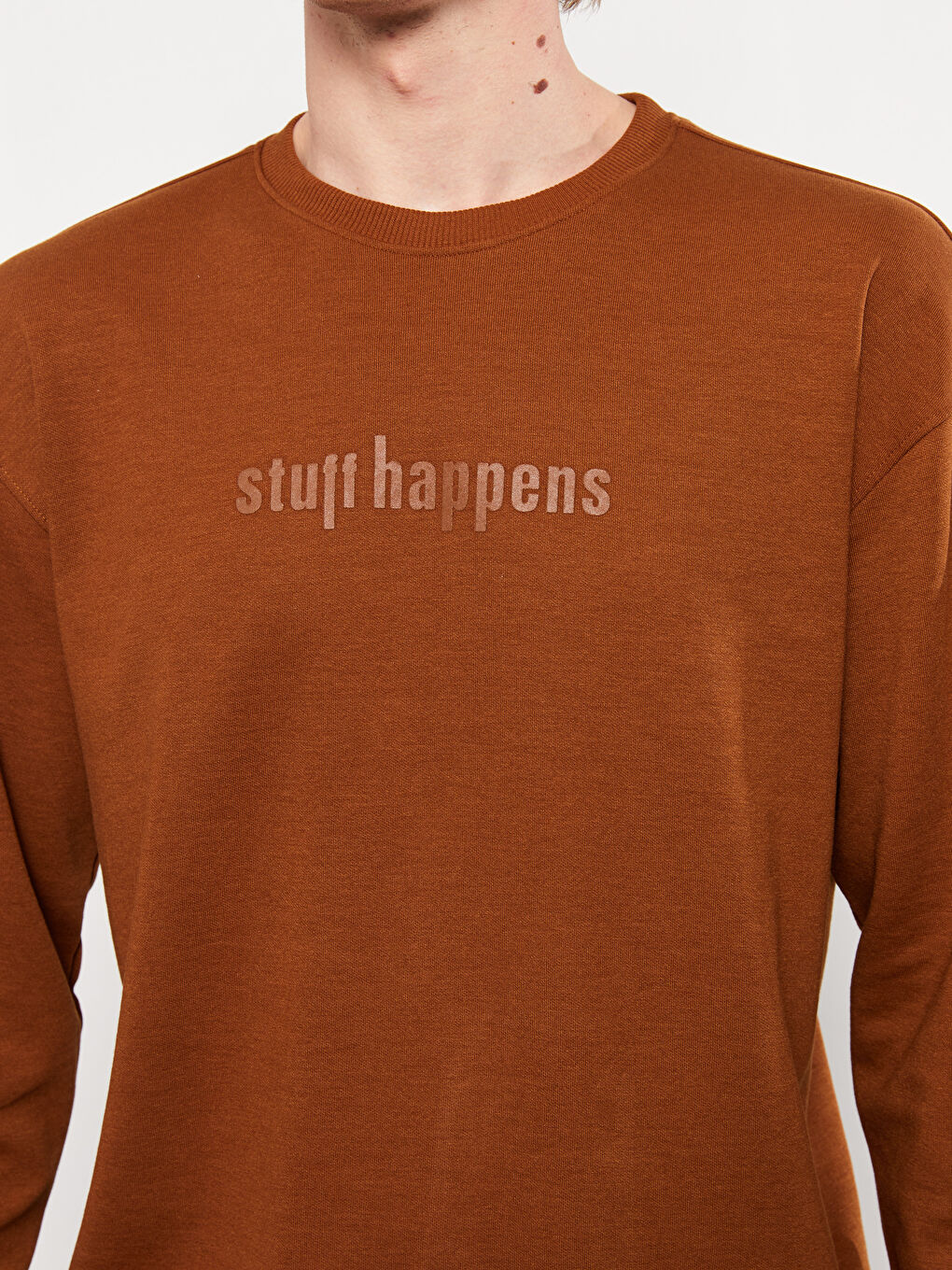 Kahverengi Bisiklet Yaka Uzun Kollu Baskılı Erkek Sweatshirt-3