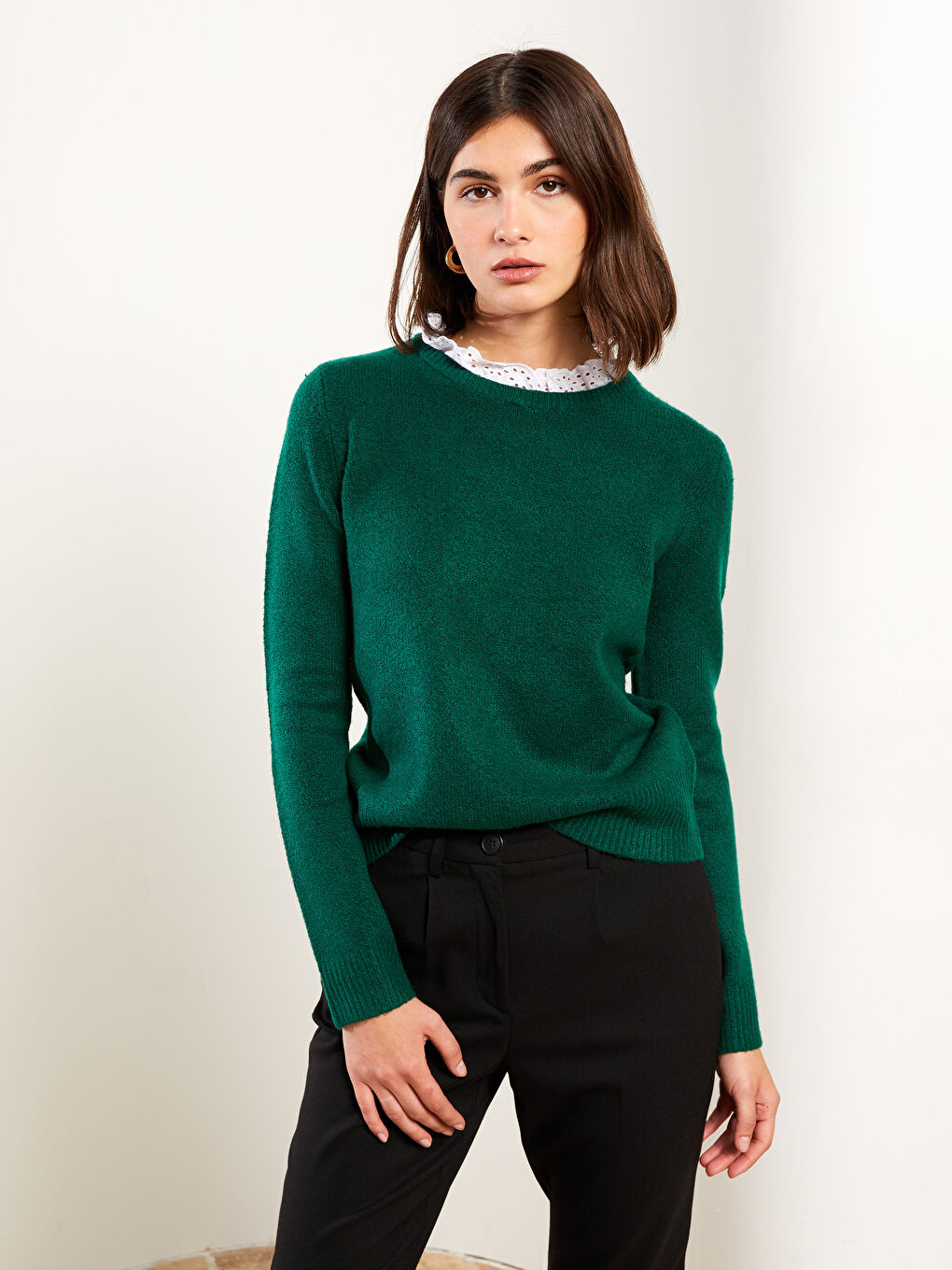 Yeşil Bisiklet Yaka Düz Uzun Kollu Kadın Triko Kazak