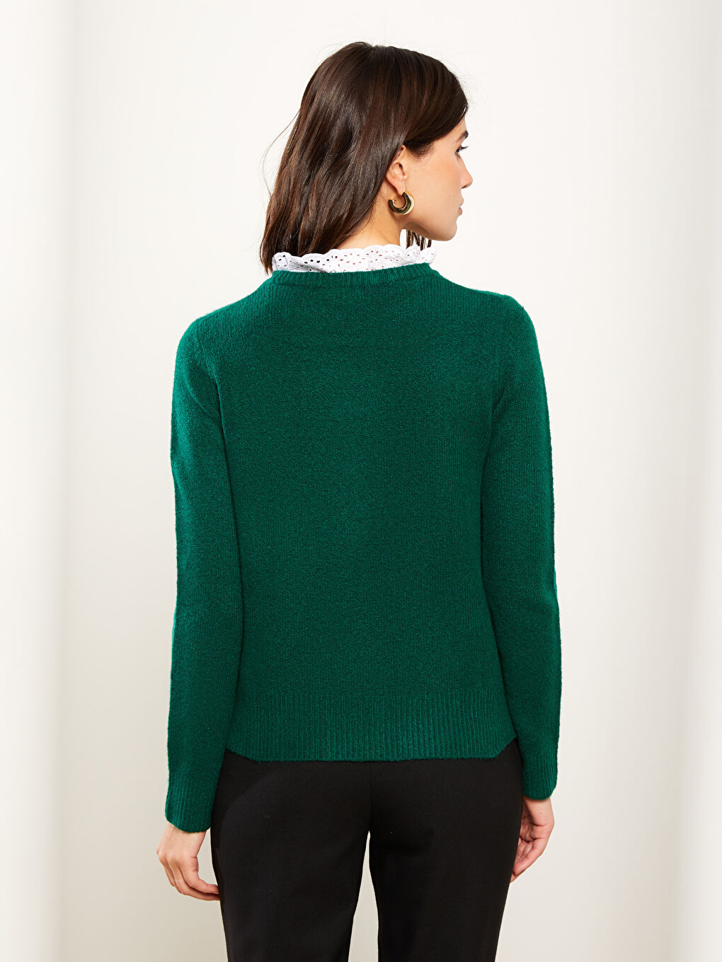 Yeşil Bisiklet Yaka Düz Uzun Kollu Kadın Triko Kazak-4