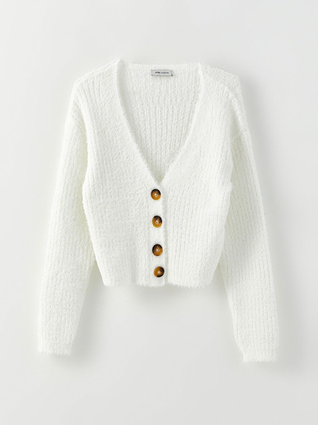 Ekru V Yaka Kadın Triko Hırka-5