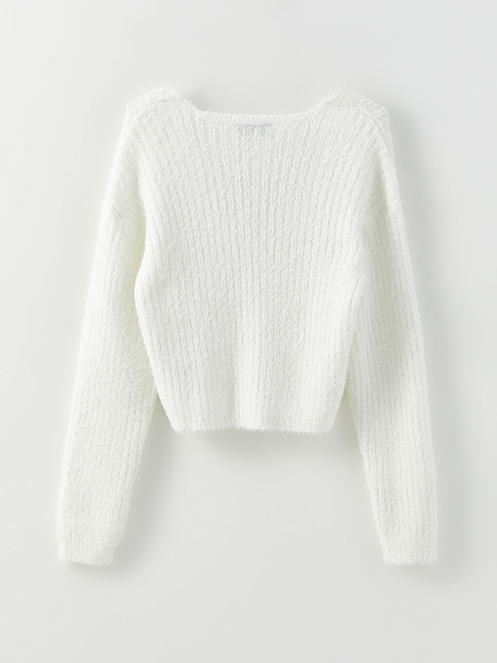 Ekru V Yaka Kadın Triko Hırka-6