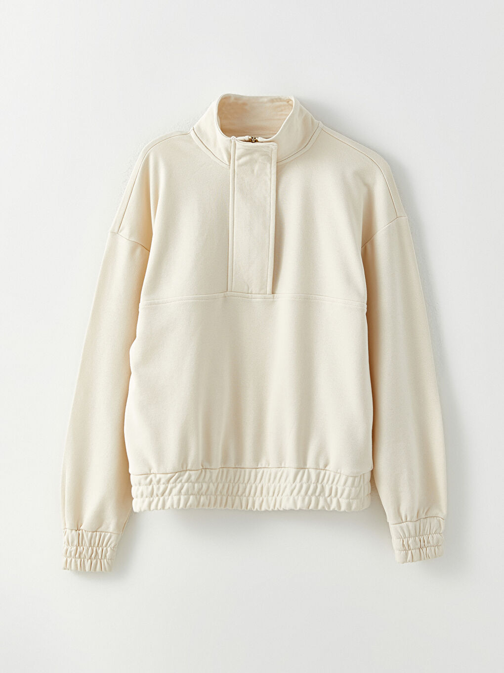 Bej Dik Yaka Düz Uzun Kollu Kadın Sweatshirt-5