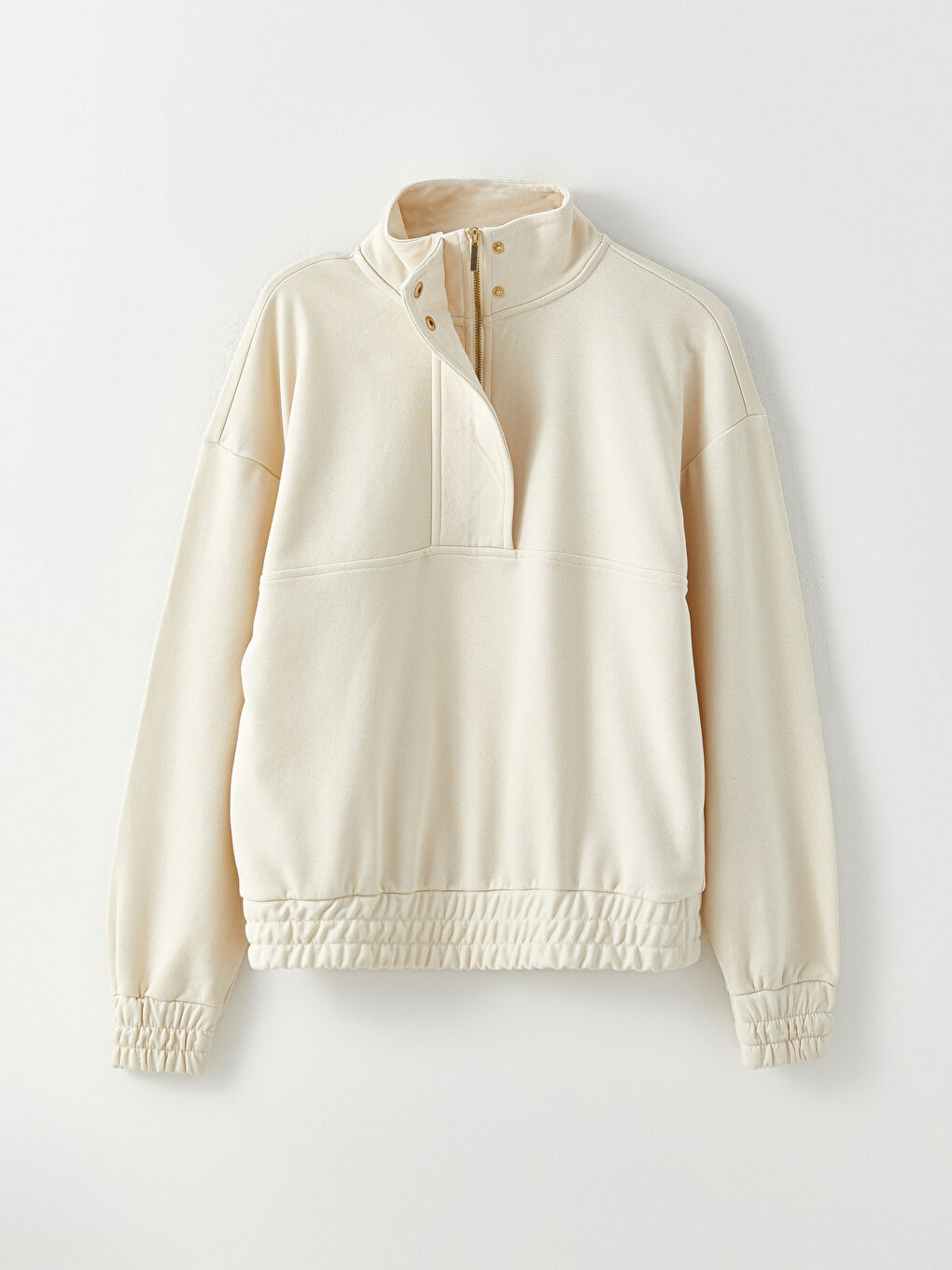 Bej Dik Yaka Düz Uzun Kollu Kadın Sweatshirt-6