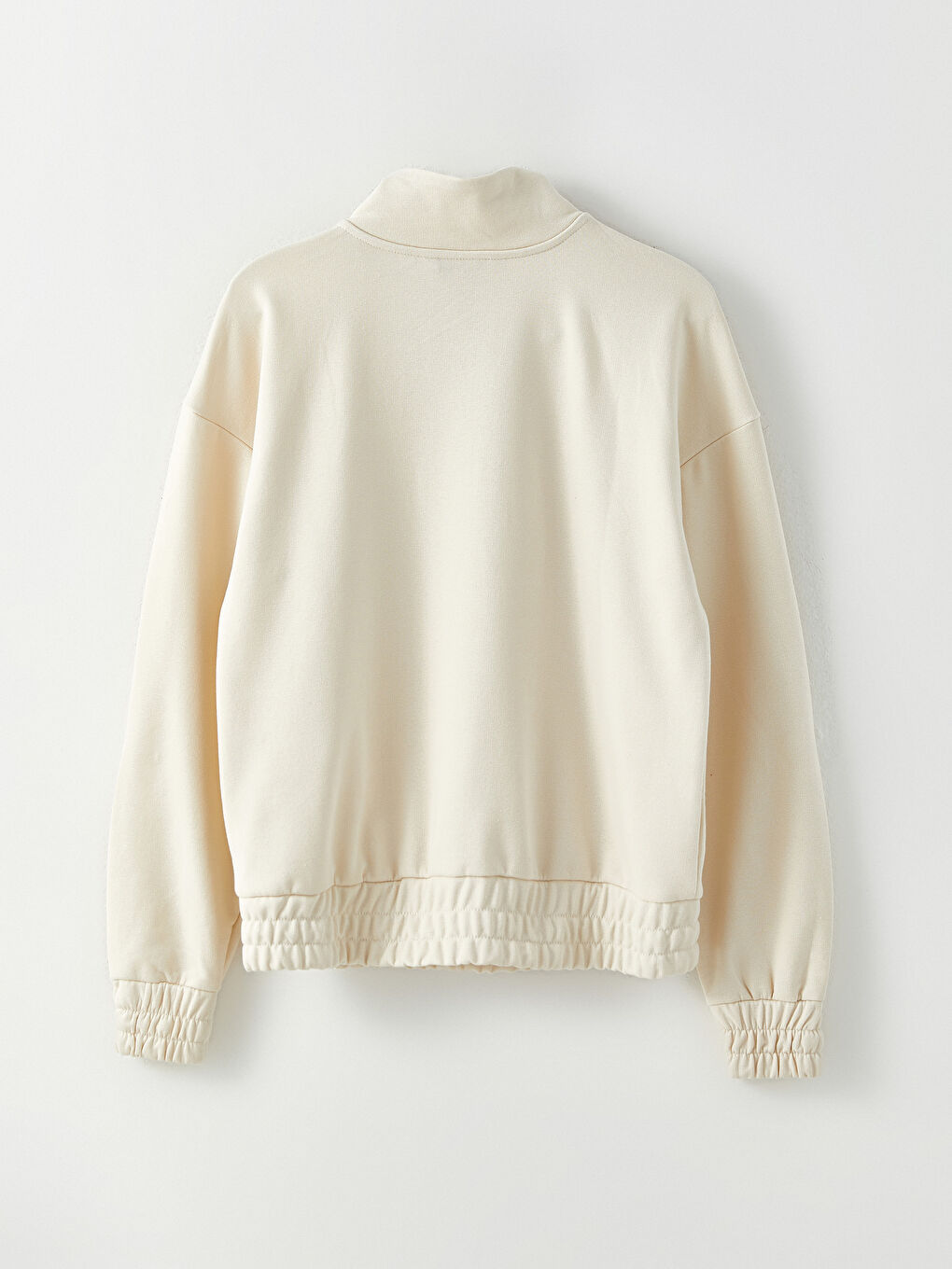 Bej Dik Yaka Düz Uzun Kollu Kadın Sweatshirt-7