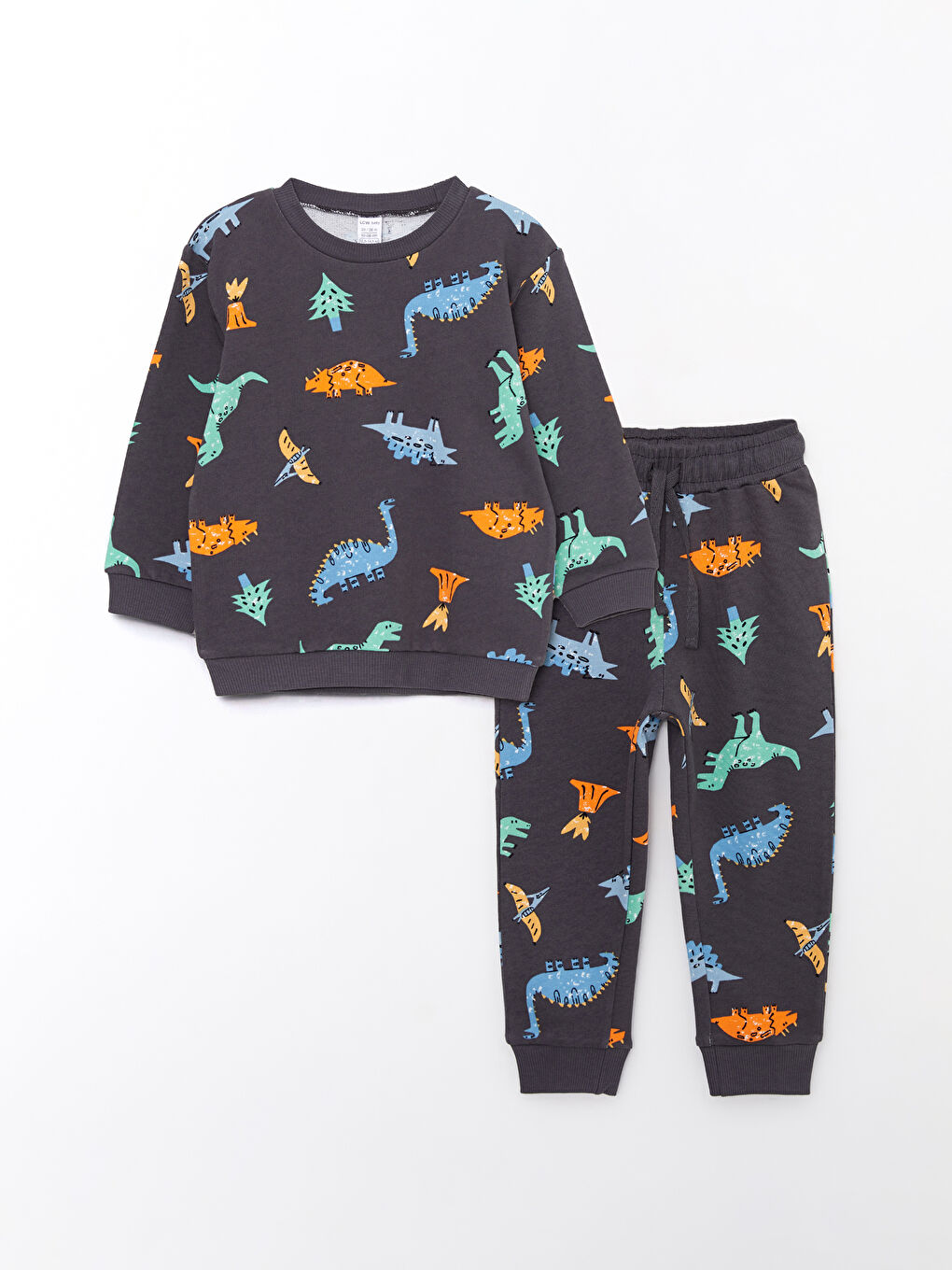 Gri Bisiklet Yaka Uzun Kollu Baskılı Erkek Bebek Sweatshirt ve Pantolon 2'li Takım