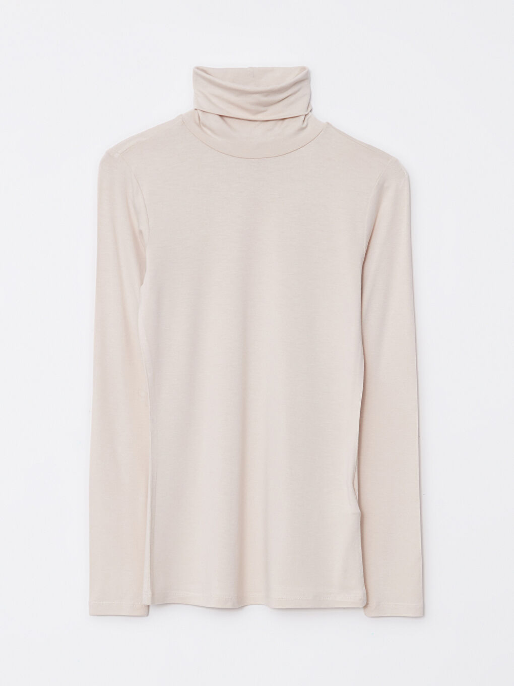 Bej Dik Yaka Düz Uzun Kollu Kadın Body-5