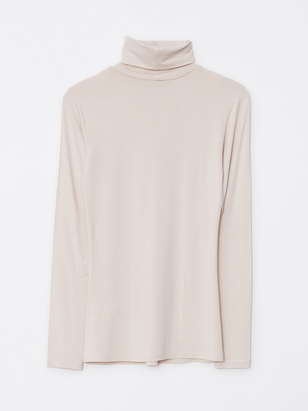 Bej Dik Yaka Düz Uzun Kollu Kadın Body-6