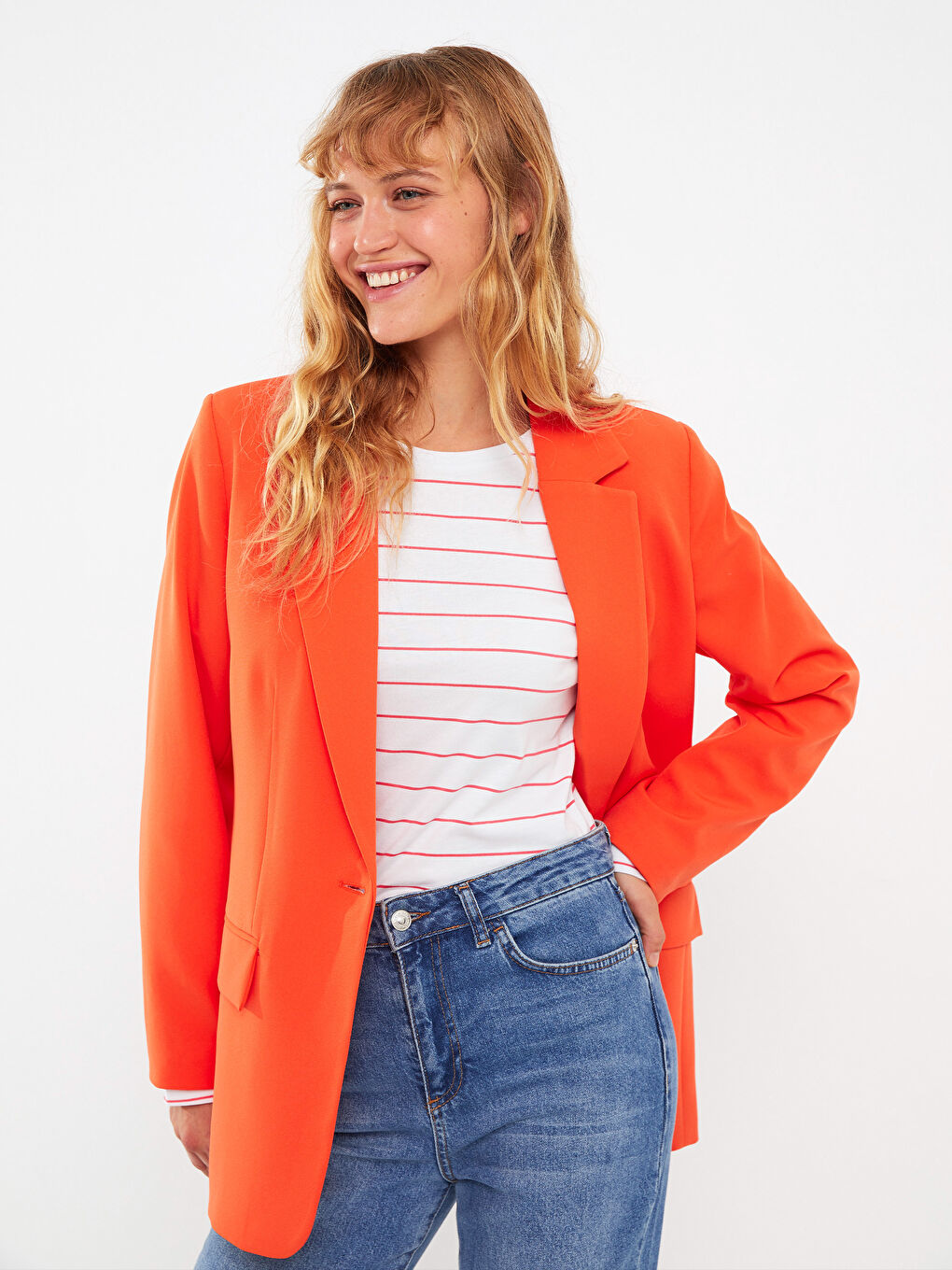 Turuncu Bisiklet Yaka Çizgili Uzun Kollu Pamuklu Kadın Tişört