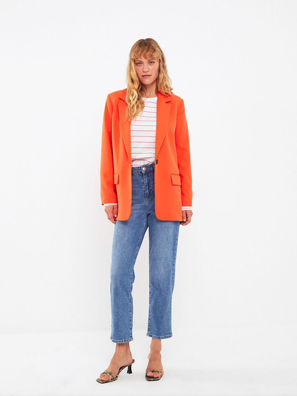 Turuncu Bisiklet Yaka Çizgili Uzun Kollu Pamuklu Kadın Tişört-1