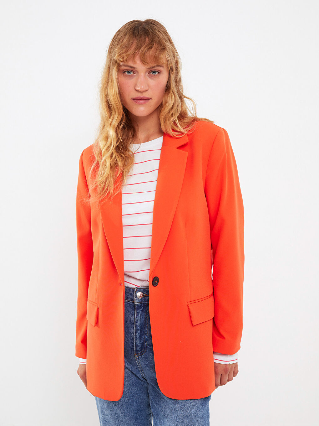 Turuncu Bisiklet Yaka Çizgili Uzun Kollu Pamuklu Kadın Tişört-2