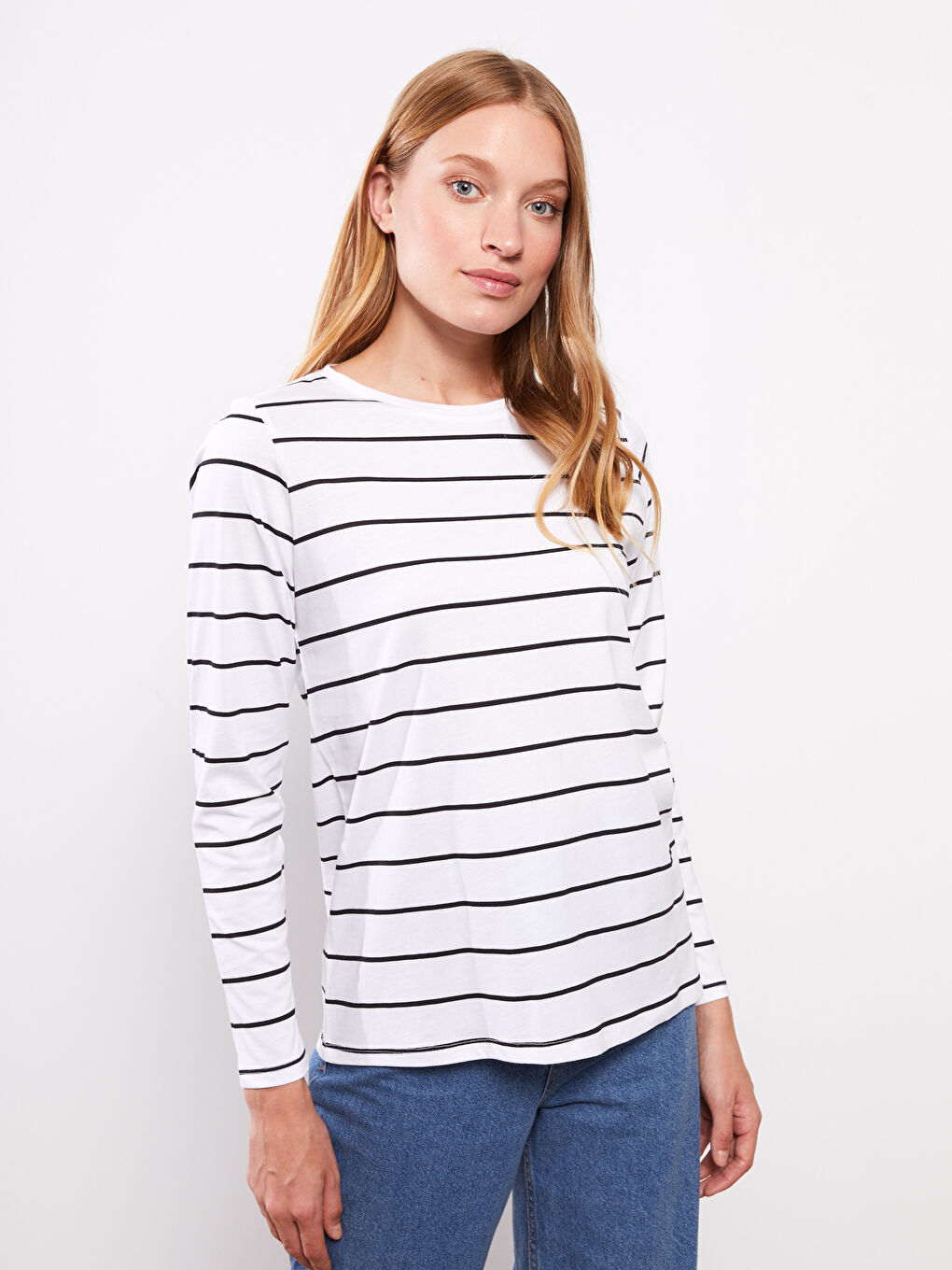 Siyah Bisiklet Yaka Çizgili Uzun Kollu Pamuklu Kadın Tişört-1