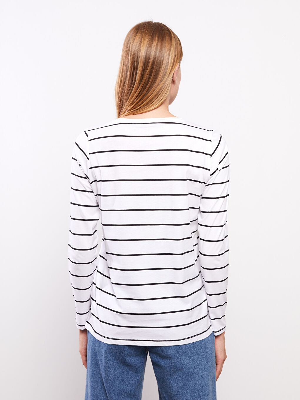 Siyah Bisiklet Yaka Çizgili Uzun Kollu Pamuklu Kadın Tişört-4