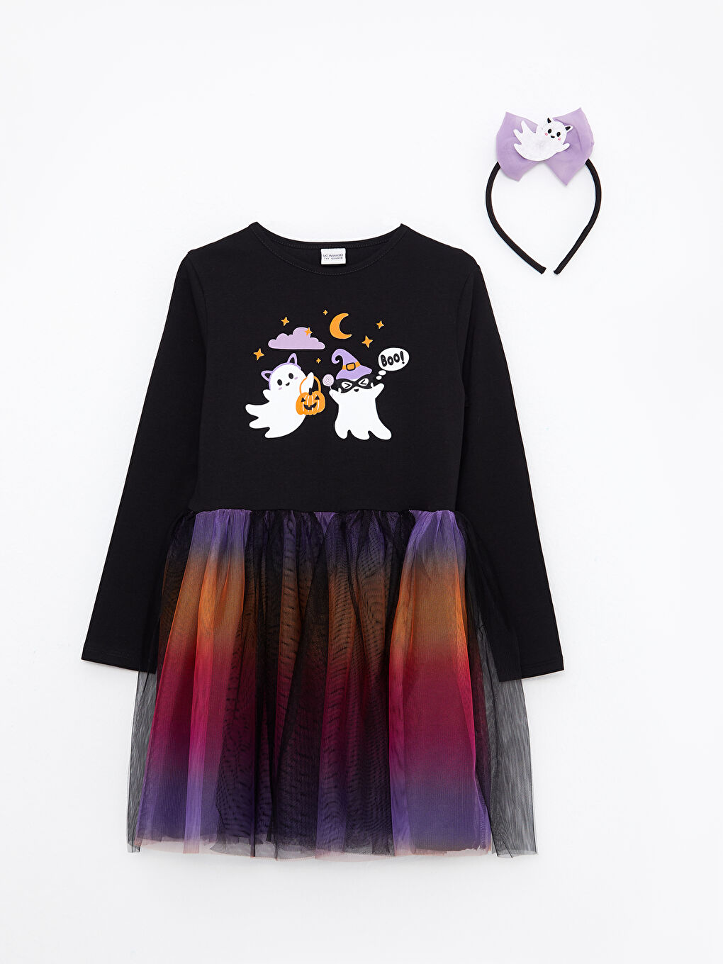 LCW Kids H12 Crew Neck Printed Long Sleeve Girl Dress and Crown -W2CS46Z4-CVL