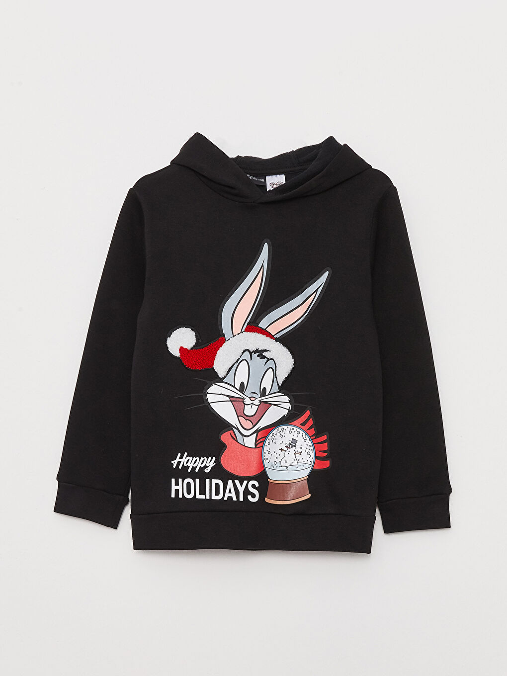 LCW Kids Yeni Siyah Kapüşonlu Bugs Bunny Baskılı Yılbaşı Temalı Uzun Kollu Erkek Çocuk Sweatshirt