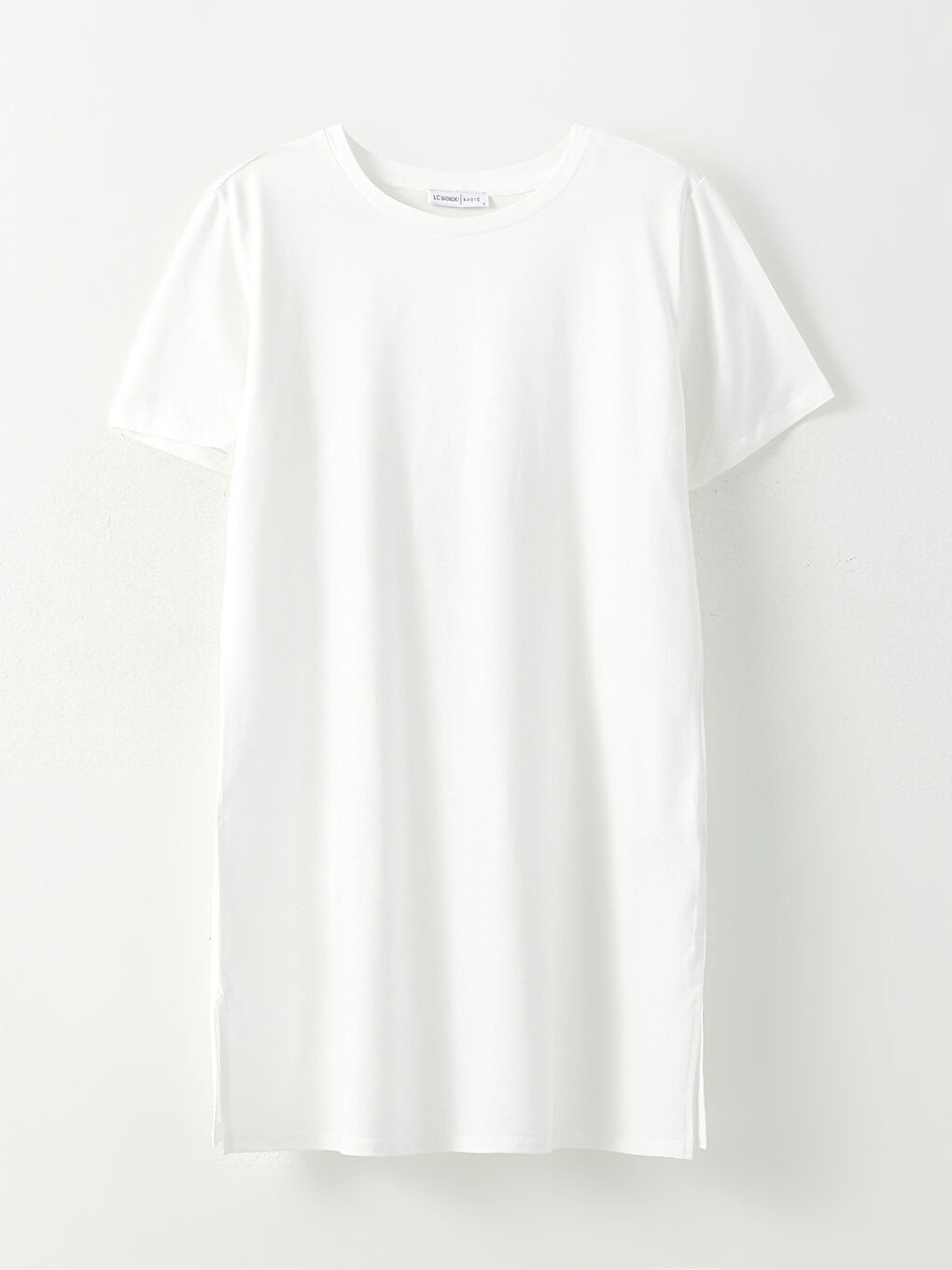 Beyaz Bisiklet Yaka Düz Kısa Kollu Pamuklu Oversize Kadın Tunik-5